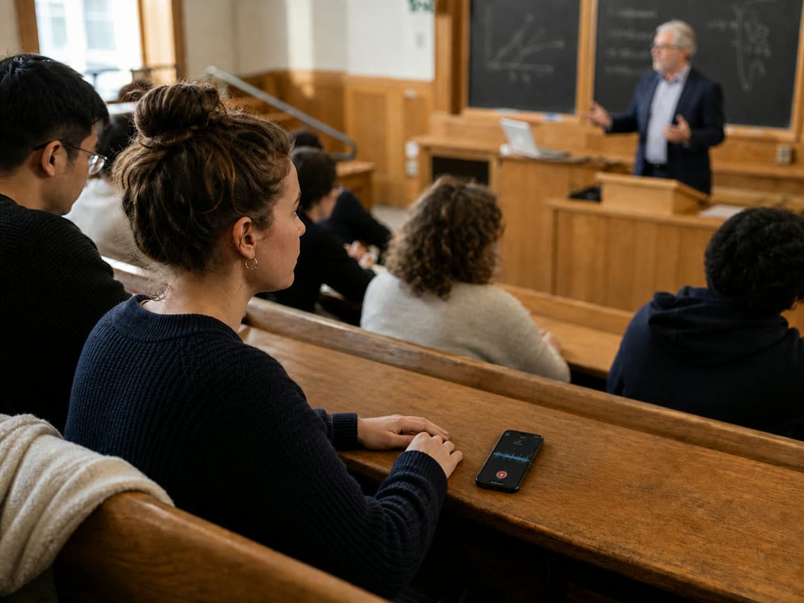 A student listening during a university lecture while recording
