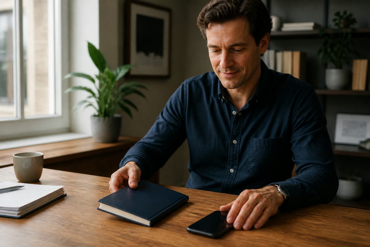 A professional closing a private notebook after a conversation