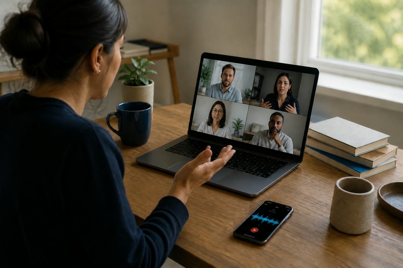 A professional participating in a remote video meeting