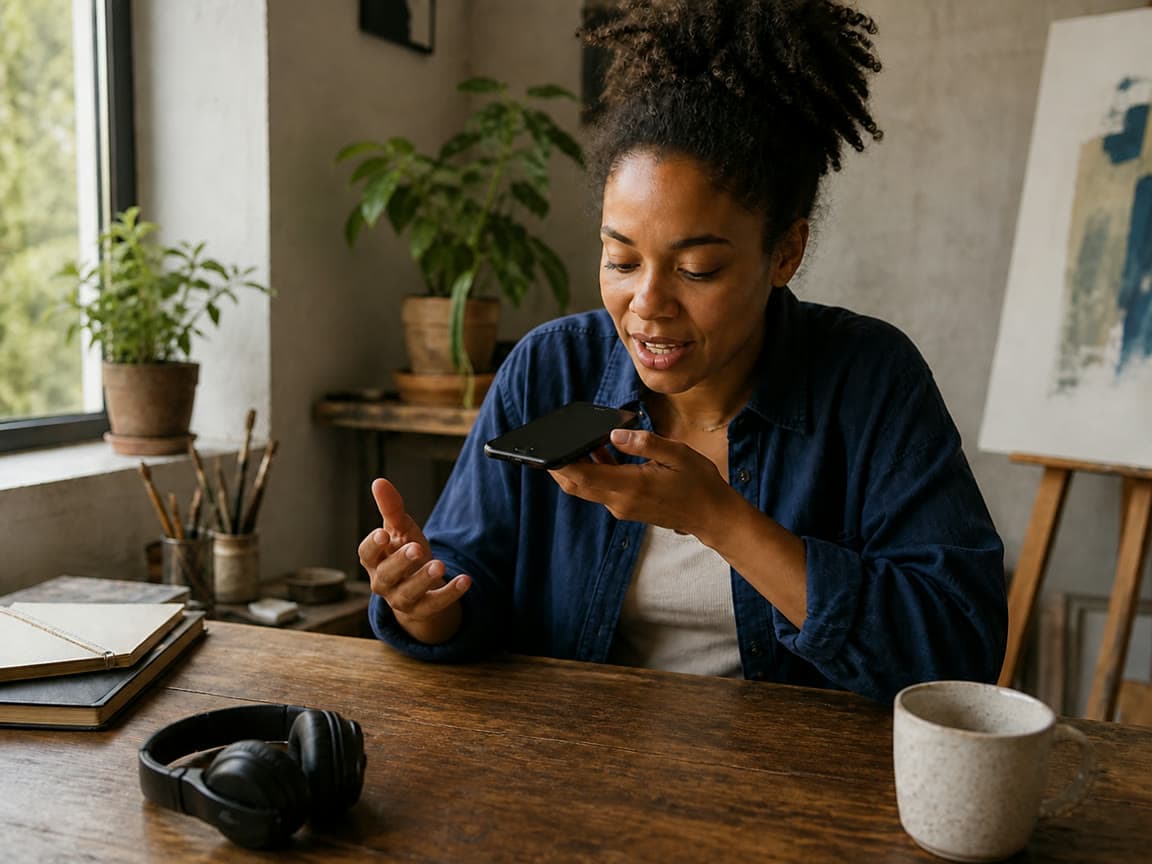 A creator recording a voice note in a calm workspace